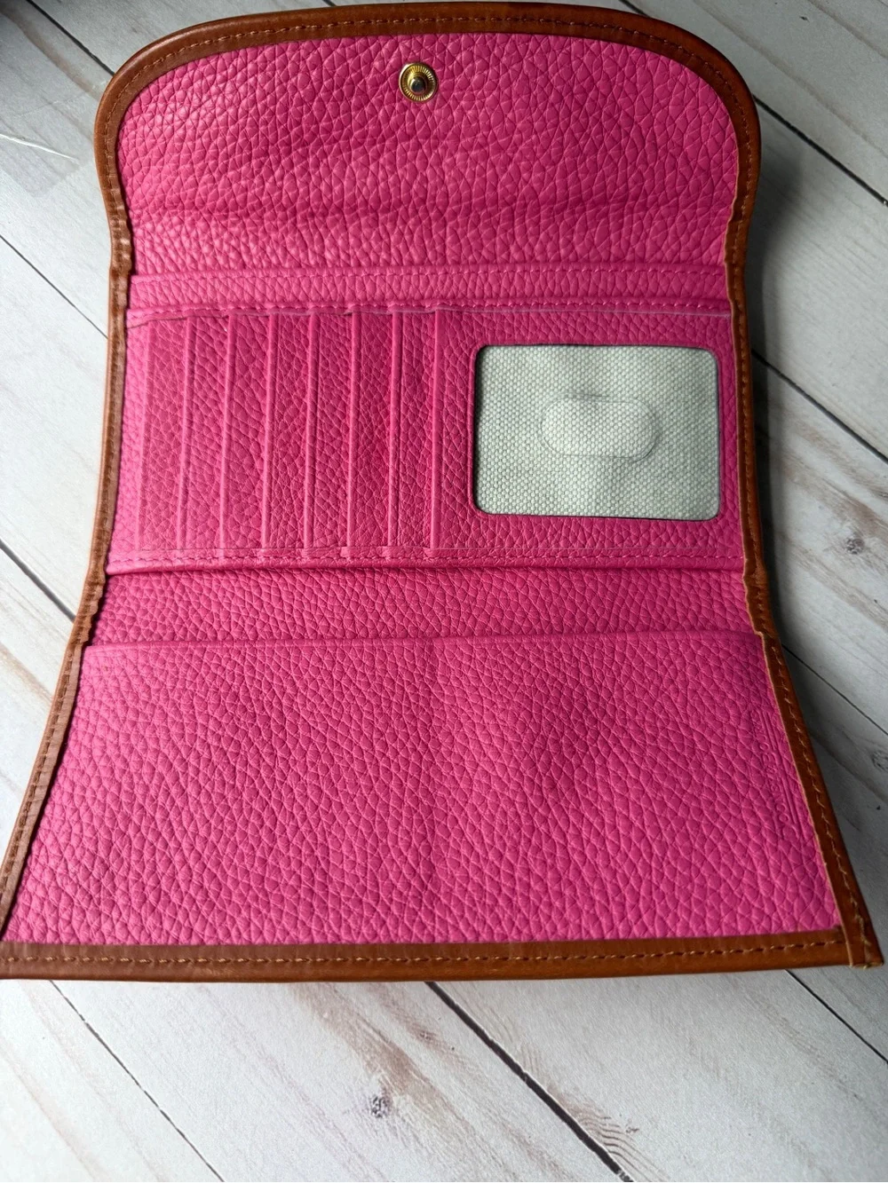 Dooney & Bourke Pink Leather Continental Wallet with Brown Trim
